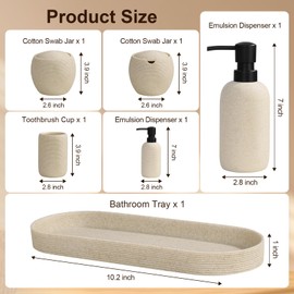 6-Piece Bathroom Accessories Set - Resin Bathroom Set, Lotion Dispenser, Tumbler, Vanity Tray, Cotton Swab Jars with Lids, Bathroom Organizer, Elegant Bath Decor for Home Dorm Hotel Countertop (Beige)