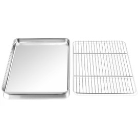 P&P CHEF 12.5 Inch Baking Sheet Pan with Rack Set, Stainless Steel Cookie Sheet Pan Tray with Cooling Rack for Oven Use, Cooking Roasting, Non Toxic & Dishwasher Safe, Heavy Duty