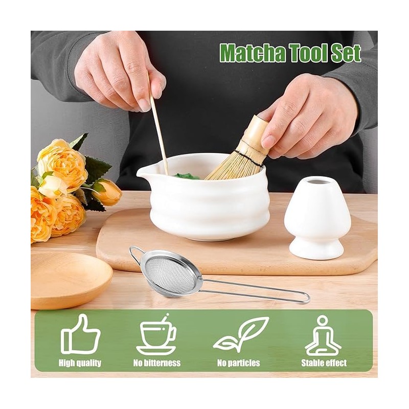 Roczential 5-Pack Matcha Set with Matcha Whisk Stand, Bamboo Matcha