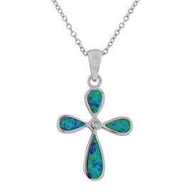 My Daily Styles 925 Sterling Silver Latin Religious Cross Blue Turquoise-Tone Simulated Opal Pendant Necklace
