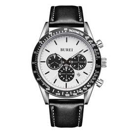 BUREI Men Black Watch Leather Watches for Men Multifunction Chronograph Watch Fashion Waterproof Watch Business Casual Men's Watch Analog Quartz Watch
