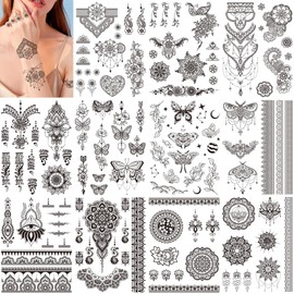 HOWAF 11 Sheets Black Henna Tattoos Women Girls Henna Temporary Tattoos Indian Lace Butterfly Tribal Mandala Tattoo Stickers Waterproof Tattoo Stickers Fake Tattoos Festival Tattoos