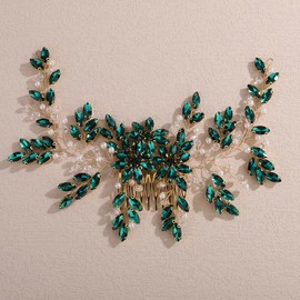 Lenjicons Wedding Rhinestone Hair Comb Large Crystal Rhinestone Hair Comb Bridal Headpiece for Women Wedding Hair Accessories for Brides Bridesmaid (peacock green(gold))