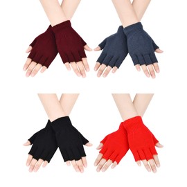 4 Pairs Fingerless Gloves Half Finger Mittens Winter Solid Color Knitted Typing Gloves for Boys and Girls (Black, Grey, Wine Red, Red)