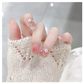 Lwenjing Z255 Nail Tips, 24 Pieces, 3D Nail Tips, Handmade Nail Tips, Short, Spring and Summer, Popular, Japanese Style, Cute, Simple, Stylish, Bride, Shiny, False Nails, Double-Sided Tape, Coming of