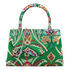 UShopUK Multicolor Satin Floral Wedding Evening Party Clutch Bag Handbag, Green Tote Bag