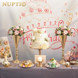 NUPTIO Gold Centerpiece for Table Wedding: 16.5" Tall Hammered Trumpet Vase for Bouquets Flower Arrangement - Metal Center Piece Stands for Party Event Set of 2