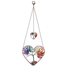 Jovivi 7 Chakra Heart Tree of Life Dream Catcher Hanging Ornament Bohemian Rainbow Double Hearts Tree of Life Crystal Window Car Wall Art Hanging Decorations for Home Bedroom Decor