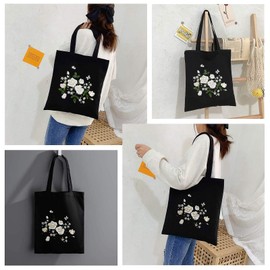 Gigicloud Black Canvas Tote Bag, Embroidery Kit with Pattern and Instructions, Includes Floral Embroidery Bag, Color Threads and Tool, White Rose