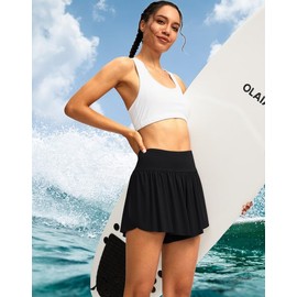 Soothfeel Women's High Waisted Swim Skirt Shorts 3" Flowy Swimsuit Bathing Suit Swim Bottoms for Women with Pockets UPF 50+ (Black, XS)