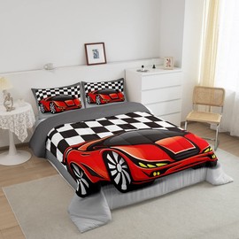 Racing Car Comforter Set, Cool Speed Race Car Down Comforter Twin Size For Kids Boys Girls Teens Bedroom, Automobile Extreme Sport Quilted Duvet Grid Buffalo Duvet Insert With 1 Pillow Cases