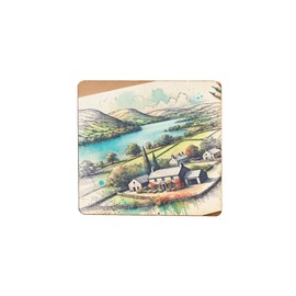 Wooden Fridge Magnet - Scenic Countryside Landscape with River and Cottages, Hand-drawn Artistic Design (mag-kf25-2169)