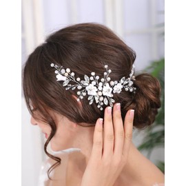 Teyglen Flower Bride Wedding Hair Vine Silver Wedding Headband Handmade Pearl Crystal Hair Piece Flower Headpiece Hair Accessories for Women Girls