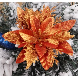 YYCRAFT 12pcs Glitter Poinsettia Flowers 6 Inch for Christmas Tree Ornaments Christmas Decorations,Orange