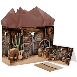 SUNDECO Cowboy Gift Bags - Wild West Party Favors with Tissue Paper & Greeting Cards for Birthday, Rodeo, Baby Shower - Western Theme Party Supplies for Kids, Cowboy Decorations