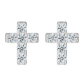 KristLand - S925 Sterling Solid Cross Earrings Prong Zircon Triangle Bar Stud Earrings Minimalist Dainty Earrings for Women Silver Cross