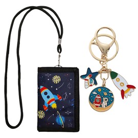 ZexJpr Children's Neck Pouch with Key Ring, 25 cm Long and 12 cm Wide, Set of 2 for Space Lovers, School Visit, Outdoor Activities, Camping Necessary