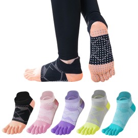 ETARLOS Women's Five Toe Socks, Anti-slip Socks, 5 Toes, Ankle Length, For Sports, Yoga, Pilates, Running, Ballet, Dance, Short, Cotton, Breathable, Moisture Wicking, 5 Pair Set, 8.7 - 9.8 inches (22