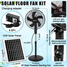 Blosssound 16 Inch Portable Solar Floor Fan Rechargeable Oscillating Standing Pedestal Fan with Solar Panel, 12000mah Battery, Two Charging Methods, 3 Speeds for Home Office Outdoor (Black)