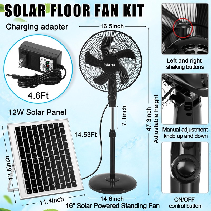 Blosssound 16 Inch Portable Solar Floor Fan Rechargeable Oscillating Standing