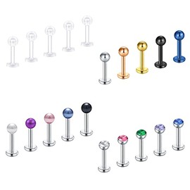 Crdifu Lip Piercing Labret Stud 1.2 mm Stainless Steel Plastic 6/8/10 mm Piercing Lip Monroe Medusa Helix Stud Pack of 20, Stainless Steel