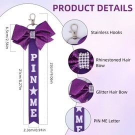 NICENEEDED 2 PCS Cheer Pin Straps, Cheerleader Pin Me Bow Keychain, Cheer Ribbon Keychain with Rhinestones Bow Glitter Pin Me Ribbon Cheer Bow Pin Holder for Bag Backpack