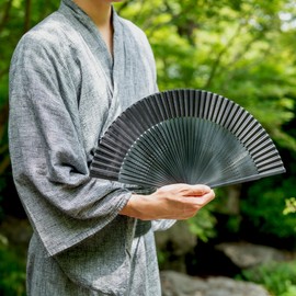 Esendo [2024 Summer New] Luxury Silk Fan with Paulownia Box -Tradition- Men's Silk Fabric with Paper, Solid - Solid Black