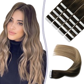 Sindra Tape-In Real Hair Extensions, Dark Brown to Dirty Blonde, 20 Pieces, 50 g, 50 cm, Remy Real Hair Extensions, Tape Extensions, Real Hair, Silky Straight, Invisible Tape Ins, #2/6/18, 20 Inches