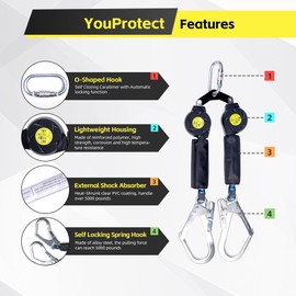 6 FT Dual Leg Self-Retracting Lifeline Web Lanyard Retractable, 2.36 inch Gate Opening Twin Steel Locking Hooks, Double Yoyo, Shock Absorber | Fall Protection OSHA & ANSI Compliant SRL
