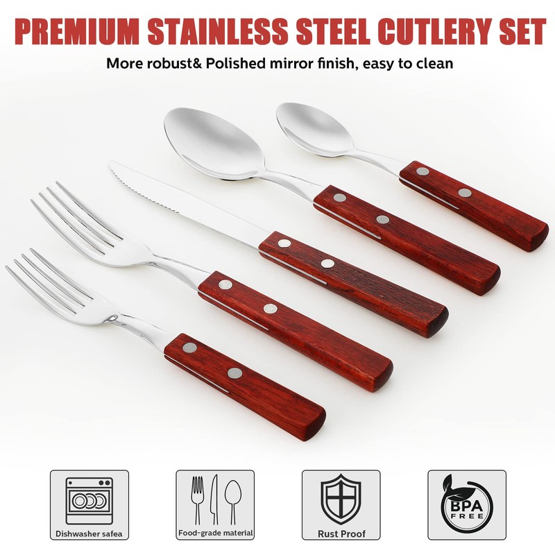 40 Pcs Wooden Handle Silverware Cutlery Set Walnut Handle 18/8