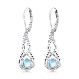 Moonstone Earrings for Women 925 Sterling Silver Celtic Earrings Round Shape Natural Gemstone Dangle Earrings Moonstone Jewelry Gifts for Mom Wife Sister, Sterling Silver, Moonstone