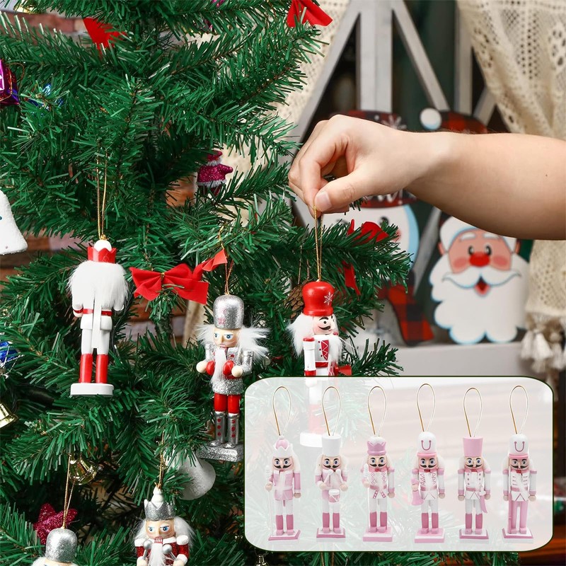 6pcs 12cm Pink Wooden Christmas Nutcracker Soldier Ornaments, Christmas Tree