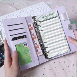 Budget Binder/Money Saving Wallet for Cash Stuffing Savings/Budgeting, Small A6 6 Ring Budget Book Planner Organiser PU Leather with Money Folder/Cash&Bill Envelopes & Expense Budget Sheets, Purple