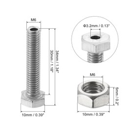 MECCANIXITY M6x30mm Hollow Screw Bolts External Hexagon Fasteners with Nuts, 304 Stainless Steel Pack of 5