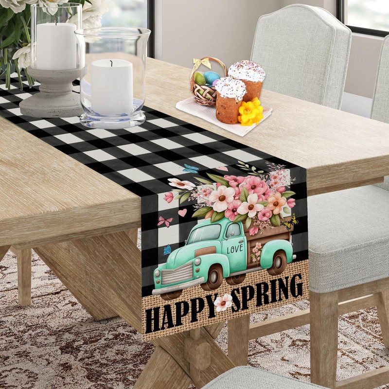 Spring Table Runner, Buffalo Plaid Truck Flowers Happy Easter Table