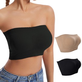 Pack of 2 Women's Strapless Bra Push Up Bandeau Bra Without Straps Bandeau Top Padded Women's Strapless Bra without Underwire, Beige and black, M