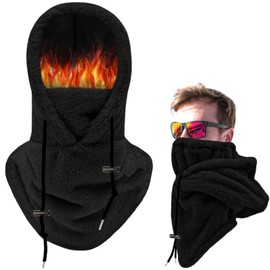 LINSOCLE Plush Balaclava Winter Scarf Hat for Men and Women, Thermal Balaclava Fleece Balaclava Hood Scarf with Hood, Ski Mask, Motorcycle Mask for Cycling, Skiing, Windproof Neck Warmer, black