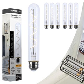 Satco S11524 LED Bulb, 6W (40W Eq), T9 Vintage Style, Flex Gray Coil Filament, 2700K Warm White, E26 Medium Base, Dimmable, Clear Glass, 500 Lumens, 120V, Enclosed Fixture Rated (6 Pack)
