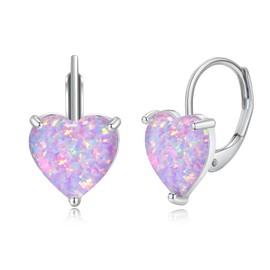 CiNily Heart Opal Earrings Short Leverback Drop Earrings for Women Hypoallergenic, Pendant Earrings 14K White Gold Plated Hanging Lever Earrings Purple Opal Hoops Fashion Jewelry for Sensitive Ears