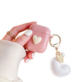 Ownest Compatible with AirPods Case, Cute Heart Pattern with Keychain Soft TPU Shockproof Cover Case for Women Girls for Airpods Case 2&1-White