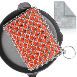 Cast Iron Scrubber with Bamboo Fiber Cloth and Pan Scraper, 316L Cast Iron Cleaner Set – Removes Stains, Protects Coatings, Safe for Dutch Oven, Skillets, Griddles(Orange)