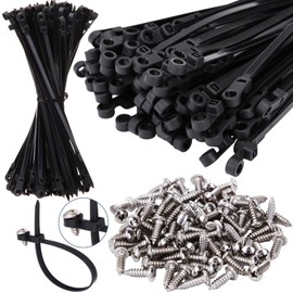 Shappy 100 Pcs Plastic Zip Tie with Screw Hole 7.5 Inch and 100 Pcs M5 x 8mm Screw Bolt 304 Stainless Steel, 50lbs Mountable Head Cable Tie UV Resistant Nylon Cable Ties Black Mount Cable Tie