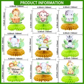 Gyufise 9 Pack Safari Animal Honeycomb Table Centerpieces Decorations Jungle Animal Party Table Toppers for Kids Birthday Aloha Party Supplies Green Brown