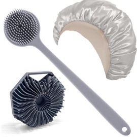 Gorro de ducha cepillo de baño juego de 3 piezas, mango largo cepillo de baño mango de diseño ergonómico, corto cepillo de baño de una sola pieza antideslizante, no es fácil caerse al bañarse, gorro de ducha para evitar que el agua del baño moje el pelo,