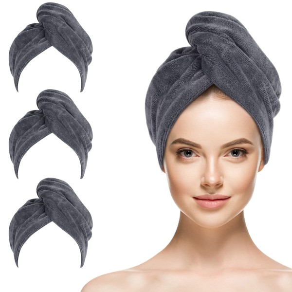 SINLAND Microfiber Hair Drying Cap Hair Towel Turban Twist for Long Hair Fast Drying Towels Head Turban Absorbent Soft Lightweight 3 Pack Grey