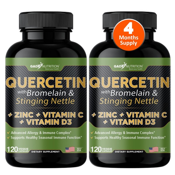 Quercetin with Vitamin C and Zinc - Nettle Quercetin - Quercetin 500mg - Quercetin with Bromelain - Zinc Quercetin + Vitamin D3 - 240 Veggie Caps - (Non-GMO, Gluten-Free, Vegan) 4 Month Supply