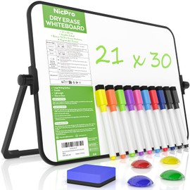 Nicpro Dry Erase Whiteboard A4 with Stand, 21 x 30 cm Double Sided Magnetic Desktop White Board with 10 Pens, 4 Magnets, Eraser, Portable Writing Easel for Kid Drawing Student Classroom Use