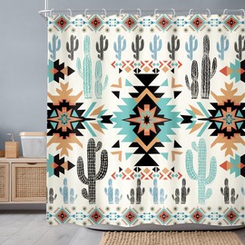 Newsely Green Western Aztec Cactus Shower Curtain 72Wx72H Inch Southwestern Boho Tribal Geometric Ethnic Shower Curtain Bathroom Set American Waterproof Bath Decoration Accessories Home Decor