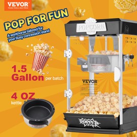 VEVOR Popcorn Maker, 480W Popcorn Popper Machine, 4 Oz Kettle Makes 1.5 Gallon per Batch, Tabletop Popcorn Maker, Includes 3 Scoops, Movie Theater Style, Black