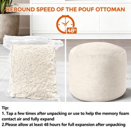 BBGDIPG 20" x 20" x 15" Pouf Ottoman Foot Rest, Pre-Stuffed Round Foot Stool with Odorless Shredded Memory Foam, Furry & Fluffy Corduroy Footrest for Living Room, Beige